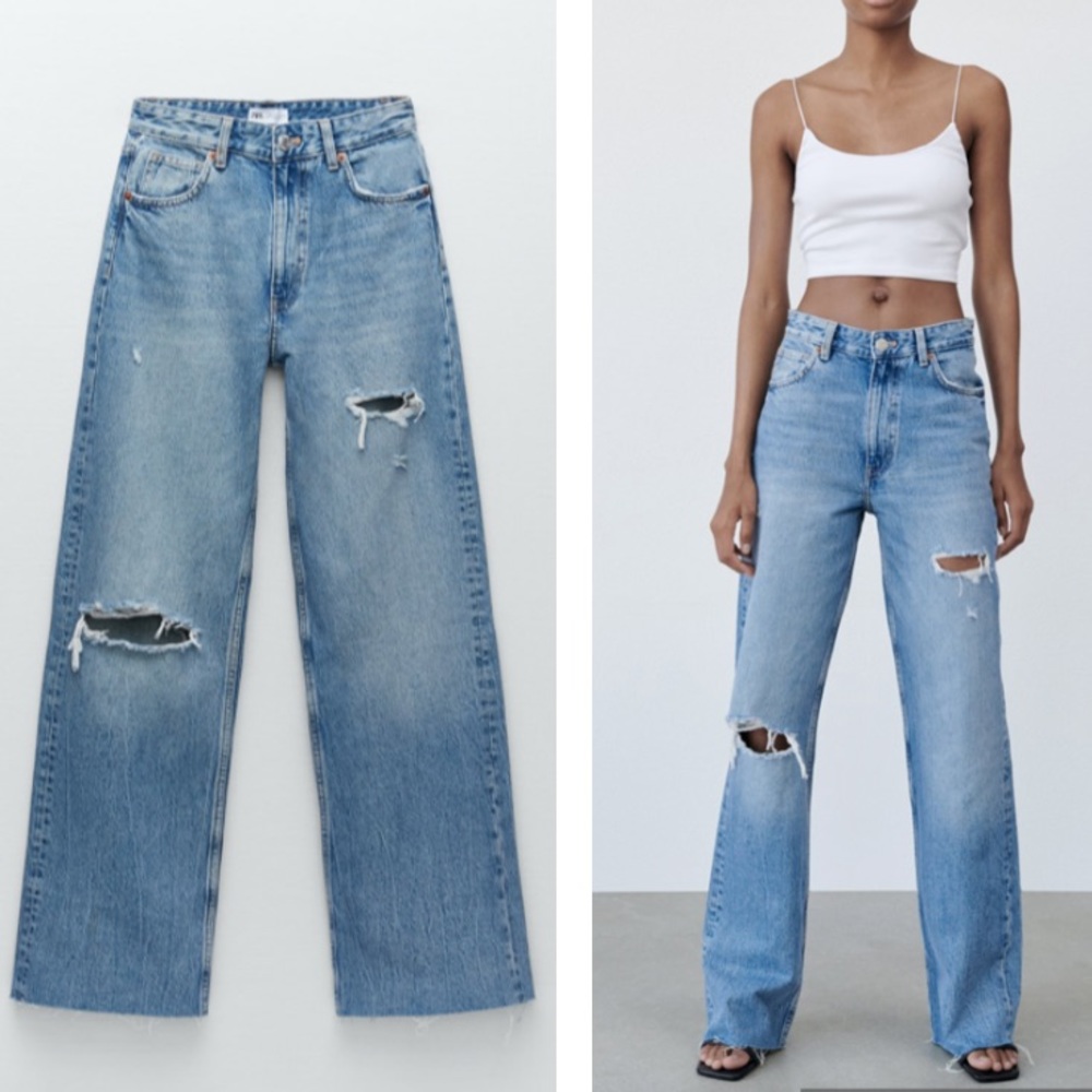 ZARA high rise wide leg full length distressed jeans blogger favorite